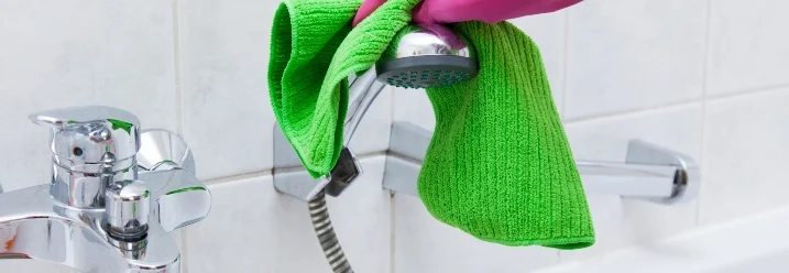 Hand reinigt Duschkopf mit Tuch